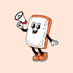 Cheerful Nigiri Sushi in Retro Vintage Mascot Character with gloved hand and foot, rubber hose cartoon style. Suitable for website, logo, infographics. Promotion with Megaphone.