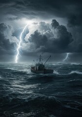 Obraz premium Vessel battling relentless stormy seascape illuminated by electrifying lightning strikes