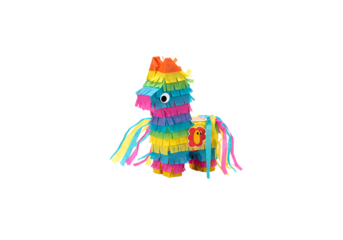 Colorful pi?ata llama with rainbow ribbons and a small bag hanging on its side for festive