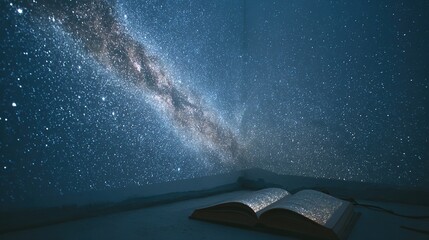 Mental health theme, starry sky projector projecting the Milky Way on the ceiling, an open poetry collection beside it, background is dark blue wall