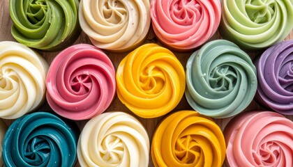 Overhead shot showcasing a colorful array of uniquely designed, rose-shaped chocolate candies arranged on a wooden surface, creating a delightful and sweet texture.