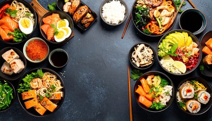 Overhead shot of diverse sushi and Asian dishes elegantly arranged on a dark table, highlighting culinary variety and inviting dining experience, creating a flatlay.