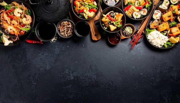 An overhead shot showcases a delicious variety of freshly prepared Asian cuisine dishes on a textured dark surface, promising a flavorful and cultural experience.