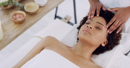 Hands, woman and head massage at spa for migraine relief, pamper treatment and relaxation. Above,...