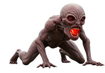Creepy humanoid creature with a large head and menacing expression in a crouching pose