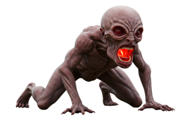 Creepy humanoid creature with a large head and menacing expression in a crouching pose