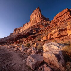 Wide-angle shot of stacked cliffs under a cloudless cobalt sky