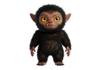 Cute and Curious Cartoon Monster with Big Yellow Eyes and Small Fangs on a Black Background