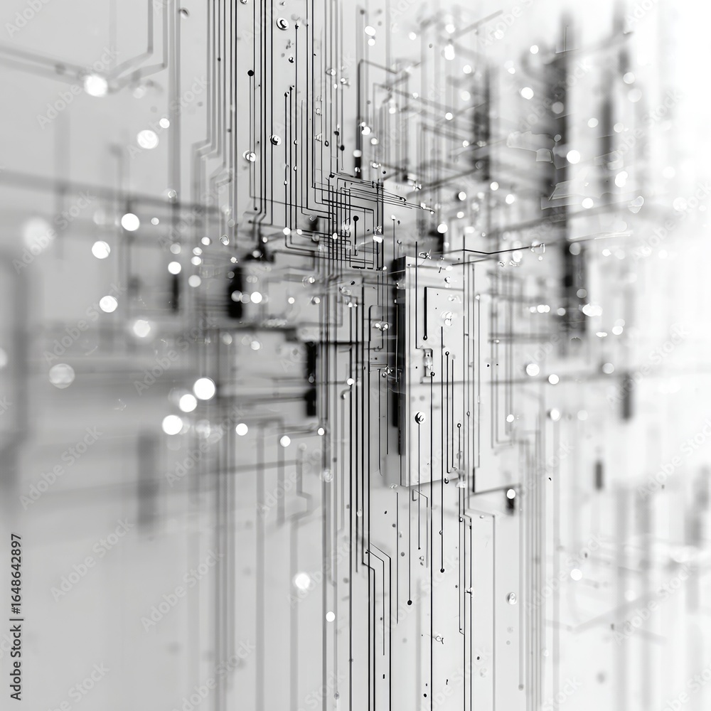 Fototapete abstract circuit board design. complex network of interconnected lines and components, grayscale, 3d