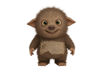 Cute animated fantasy creature with furry body and big expressive eyes standing on a dark background