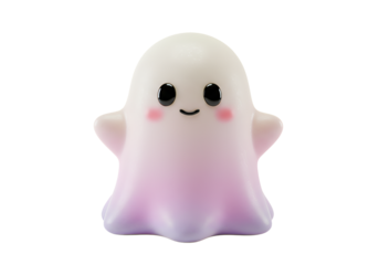 Cute cartoon ghost figurine with a friendly smile and blushing cheeks against a black background