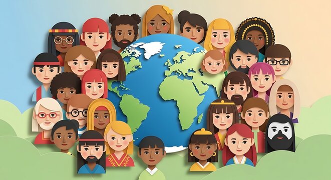 Celebrating global diversity with a stylized illustration of people around the globe