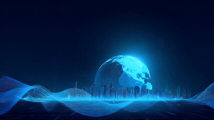 Abstract digital background with a blue gradient, a glowing planet Earth surrounded by a futuristic cityscape on the horizon. Blue lines and shapes forming wave patterns in space against a dark sky. - Powered by Adobe