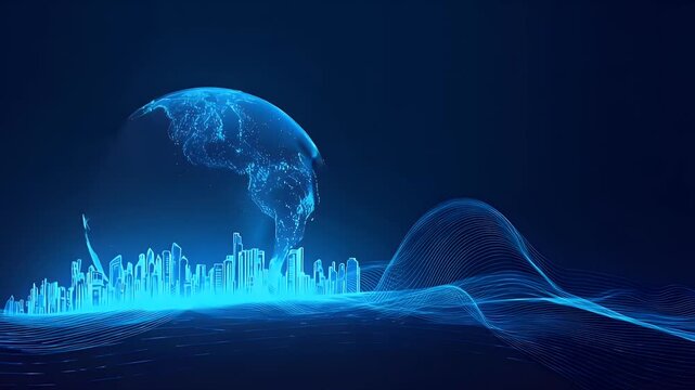 Abstract digital background with a blue gradient, a glowing planet Earth surrounded by a futuristic cityscape on the horizon. Blue lines and shapes forming wave patterns in space against a dark sky.
