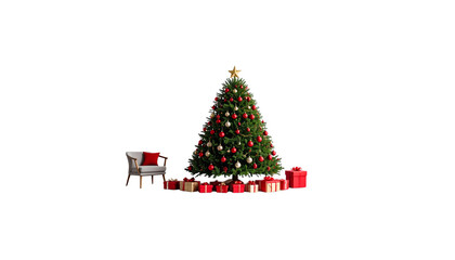 Festive Christmas tree decoration with red balls and a star on a white background