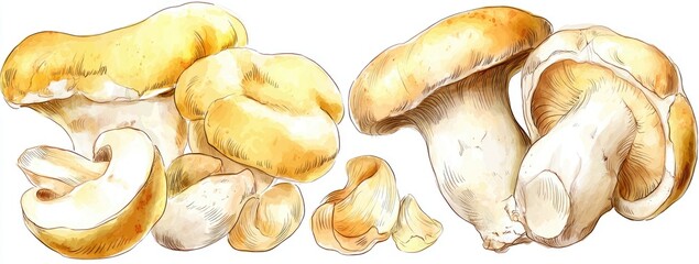 Illustration of several light yellow-tan mushrooms, some sliced