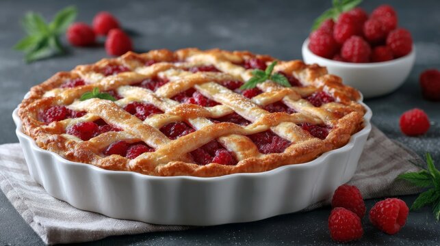 raspberry pie boasting a golden lattice crust, perfectly baked in a white fluted dish, and garnished with mint leaves and fresh raspberries on a dark background