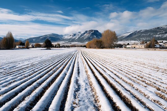 Farmland under snow in winter farming landscape  
