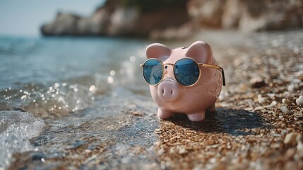 Piggy bank wearing sunglasses relaxing on the beach