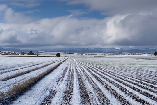 Snow-covered farmland field during winter agriculture scene  
