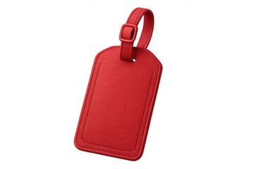 Fototapeta premium Red leather luggage tag hanging, close-up view, transparent backdrop, awaiting customizing details
