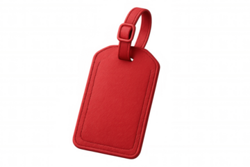 Red leather luggage tag hanging, close-up view, transparent backdrop, awaiting customizing details