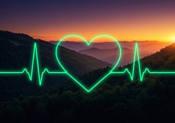 Vital Connection: A neon heartbeat over majestic mountain silhouette at twilight