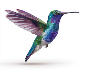 Fototapeta premium Close up of a colorful hummingbird in flight against a white background