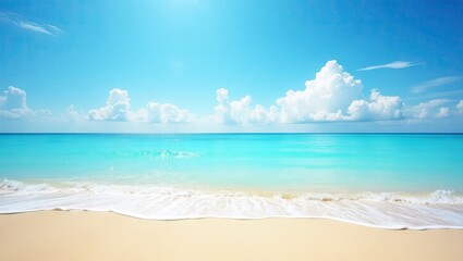 Obraz premium Tranquil beach scene with turquoise water and white clouds.