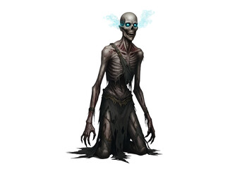 Dark and eerie skeletal creature with glowing blue eyes and white hair on a black background