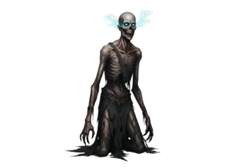 Dark and eerie skeletal creature with glowing blue eyes and white hair on a black background