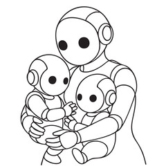 Mother robot hugs two child robot line sketch. Family of robots
