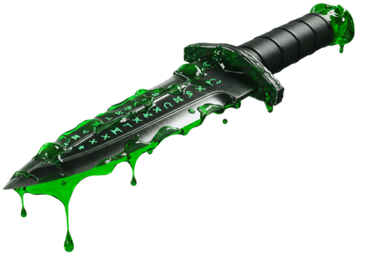 Dangerous knife dripping with green toxic slime and glowing symbols substance