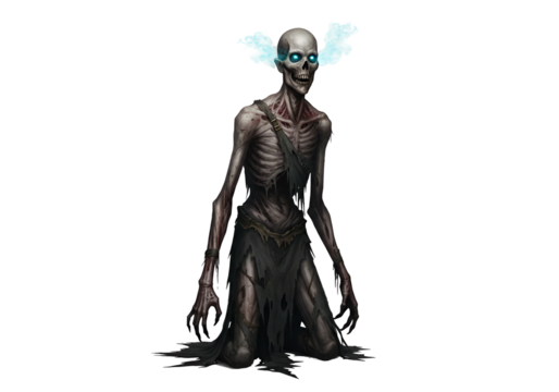 Dark and eerie skeletal creature with glowing blue eyes and white hair on a black background