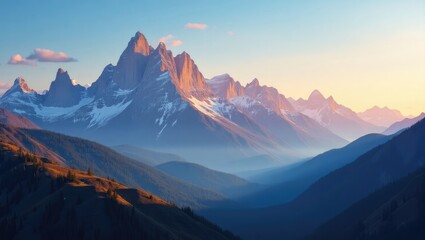Fototapeta premium Mountain range at dawn with soft color gradients.