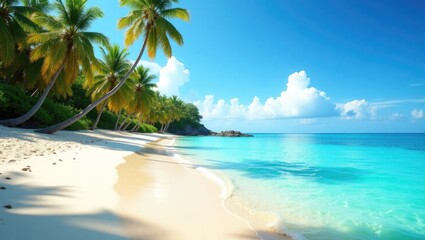 Fototapeta premium Tropical beach scene with swaying palm trees and turquoise water.