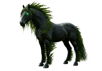 Dark fantasy horse with glowing eyes and moss-covered mane and tail black silhouette creature
