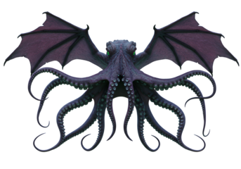 Dark fantasy illustration of a menacing octopus with bat-like wings against a black background