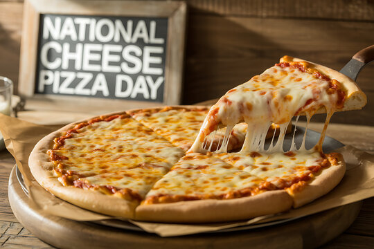 Irresistible cheesy pizza slice pulled with long cheese strings, celebrating National Cheese Pizza Day with delicious comfort food on a rustic wooden table.