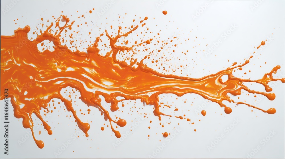 Poster orange paint splashing dynamically across a white background creating abstract art
