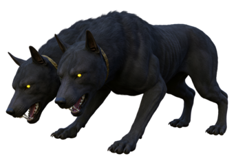 Darkmenacing dual-headed black dog with glowing yellow eyes and fierce expression illustrating