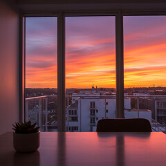 Obraz premium View of sunset through a window from an office with a desk and a plant on a table indoors
