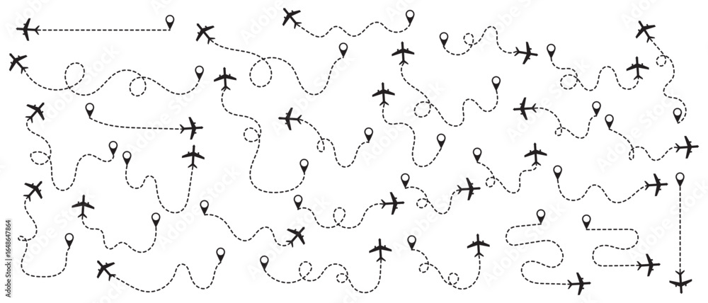 Poster airplane line path icon set. vector illustration of air plane flight route with line trace on white 