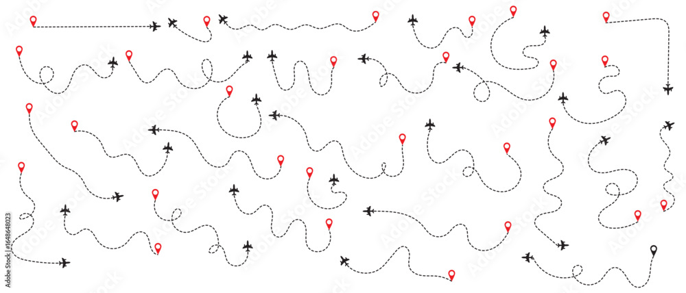 Aufkleber airplane dotted route line set. airplane dashed line path flat style design isolated on white backgr