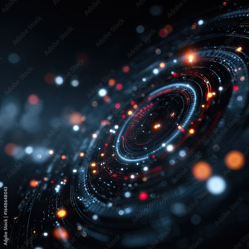 Poster abstract digital swirl of concentric circles with glowing particles