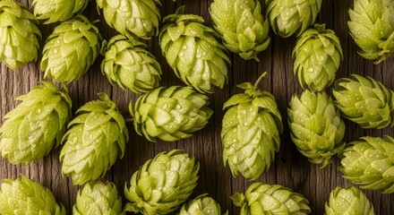 Obraz premium Fresh Green Hops with Water Drops on Wooden Background