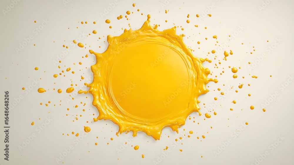 Poster orange juice splashing with droplets in abstract circular pattern