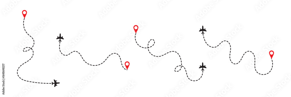 Poster airplane line path icon set. vector illustration of air plane flight route with line trace on white 