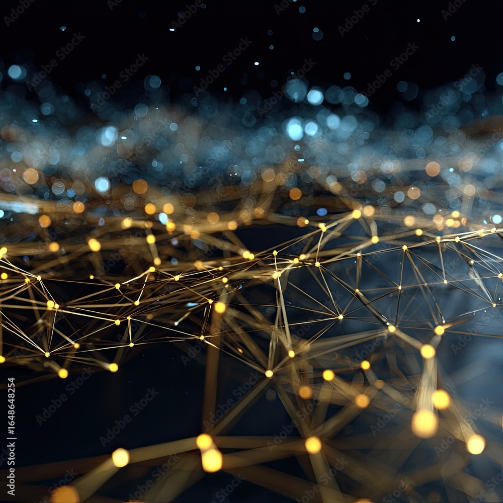 Poster abstract digital network graphic with golden nodes and lines on a dark background