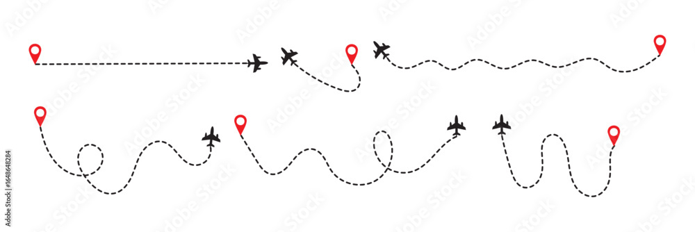 Poster flight path line designs illustrating airplane tracking routes with dynamic dotted lines for travel 